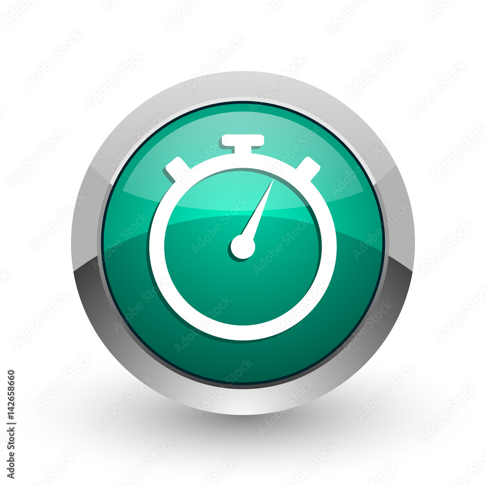 Aufkleber stopwatch silver metallic chrome web design green round internet icon with shadow on white backgroun
