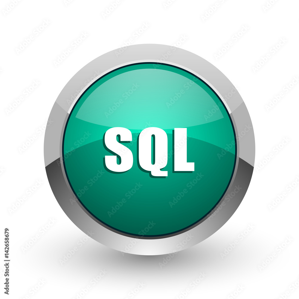 Aufkleber sql silver metallic chrome web design green round internet icon with shadow on white background.