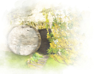 Easter resurrection - empty tomb in a rock in the garden. Abstract artistic religious illustration in watercolor style.