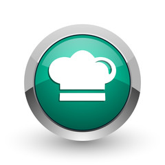 Cook silver metallic chrome web design green round internet icon with shadow on white background.