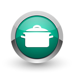Cook silver metallic chrome web design green round internet icon with shadow on white background.