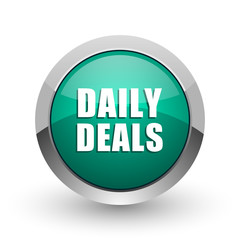 Daily deals silver metallic chrome web design green round internet icon with shadow on white background.
