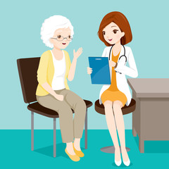 Doctor Talking With Elderly Patient About Her Symptoms, Physician, Hospital, Checkup, Patient, Healthy, Treatment, Personnel