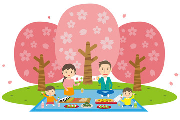 Obraz premium かわいい家族でお花見 幼い娘と息子とピクニック 