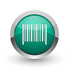 Obraz premium Barcode silver metallic chrome web design green round internet icon with shadow on white background. 