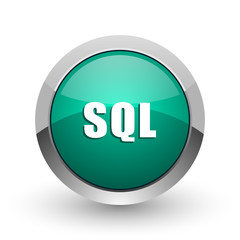 Sql silver metallic chrome web design green round internet icon with shadow on white background.
