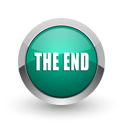 The end silver metallic chrome web design green round internet icon with shadow on white background.
