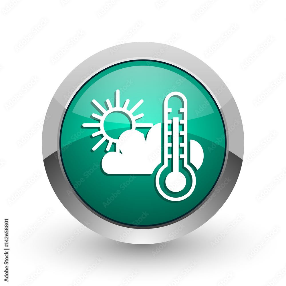 Aufkleber weather forecast silver metallic chrome web design green round internet icon with shadow on white ba