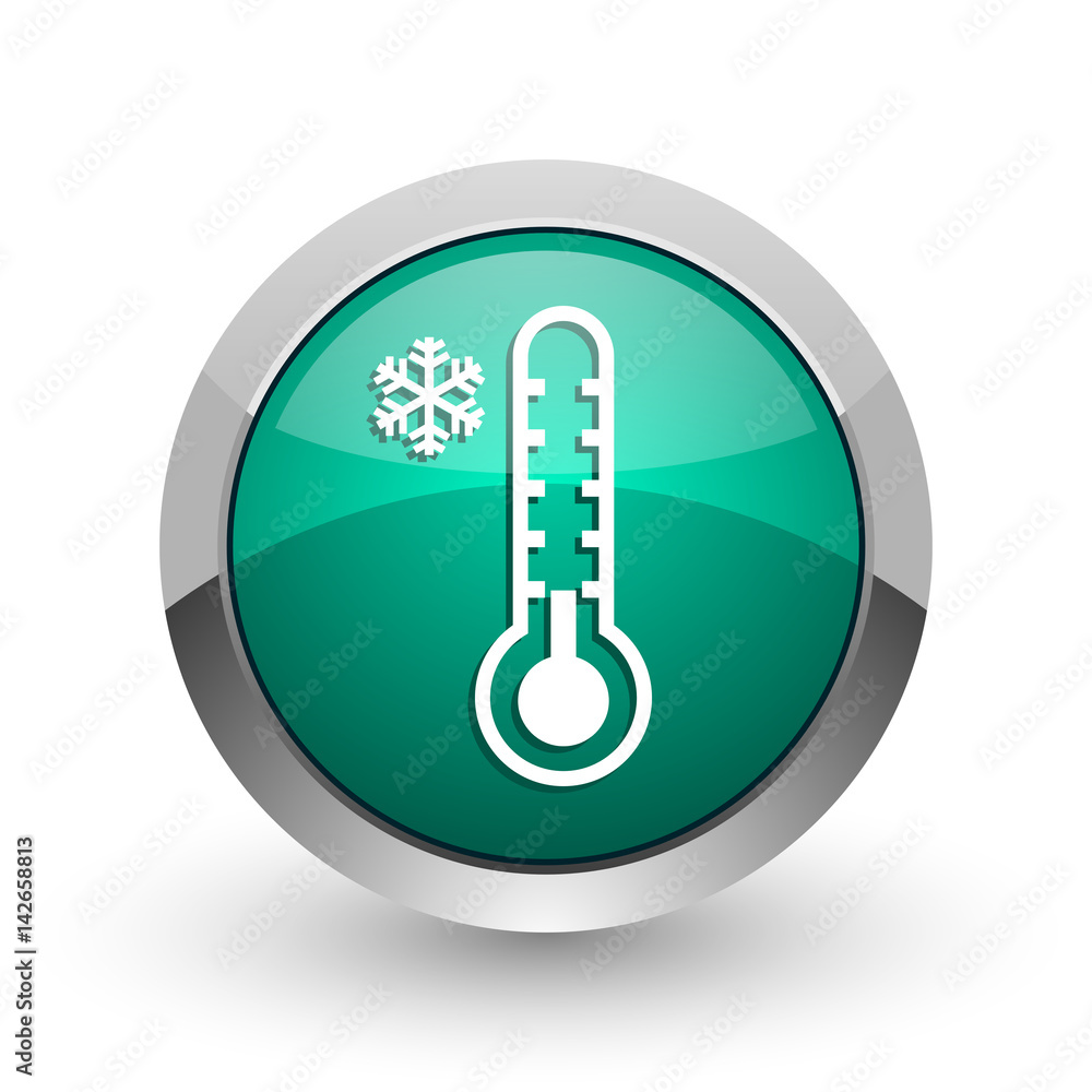 Aufkleber cold thermometer silver metallic chrome web design green round internet icon with shadow on white ba