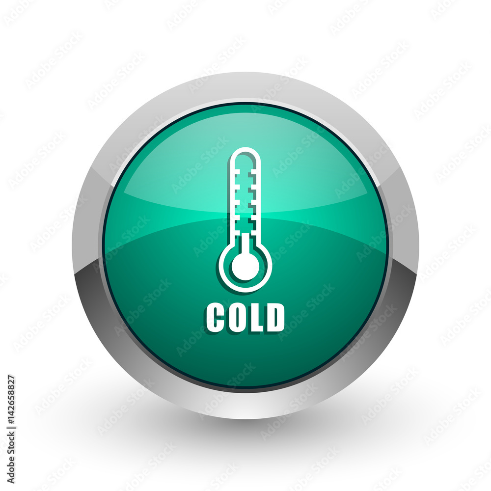 Aufkleber cold thermometer silver metallic chrome web design green round internet icon with shadow on white ba