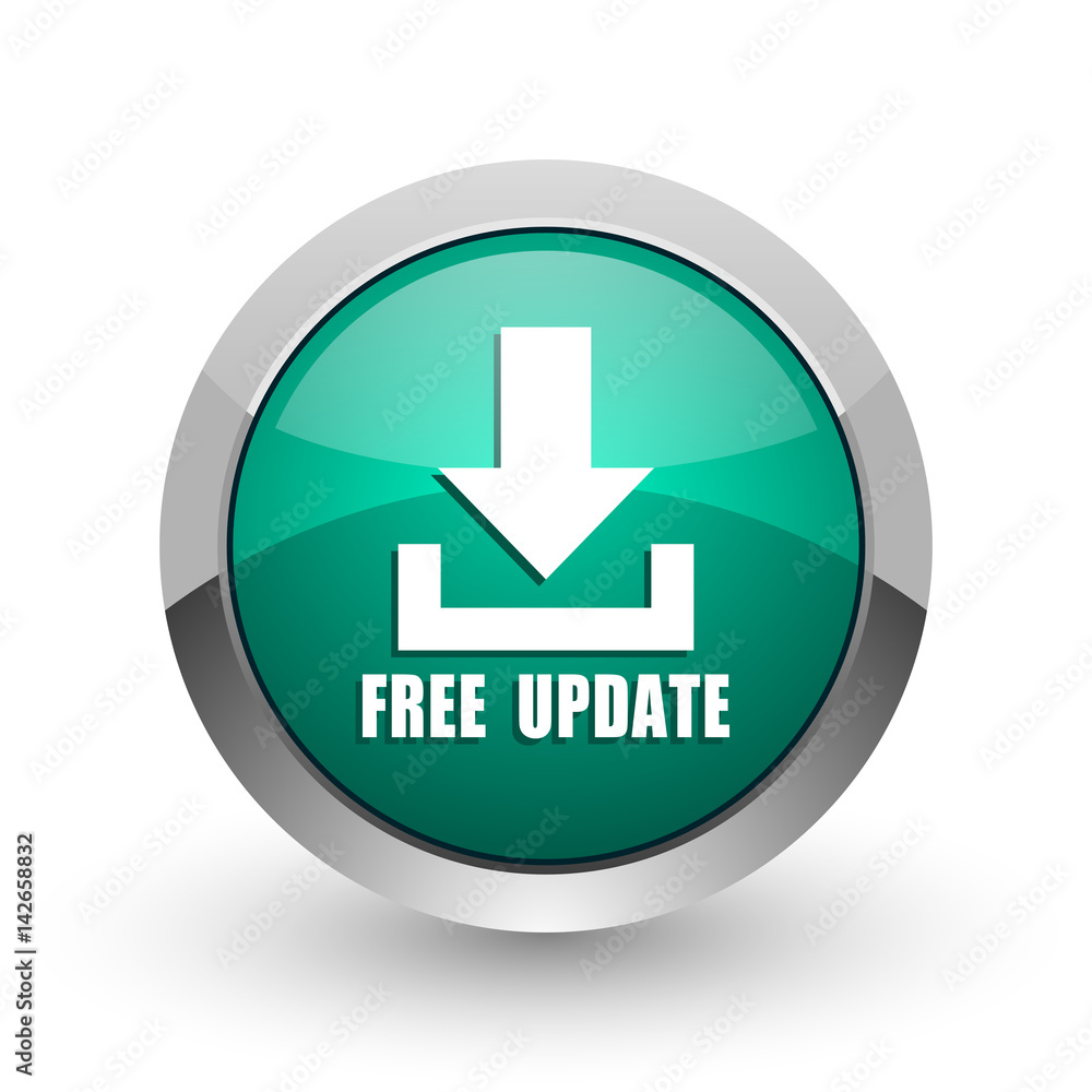 Poster free update silver metallic chrome web design green round internet icon with shadow on white backgro