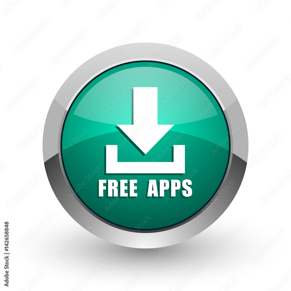 Poster Free apps silver metallic chrome web design green round internet icon with shadow on white background.