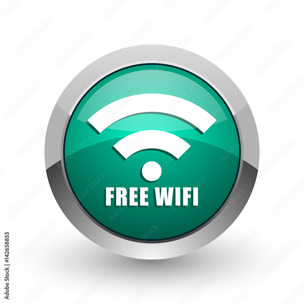 Poster Free wifi silver metallic chrome web design green round internet icon with shadow on white background.