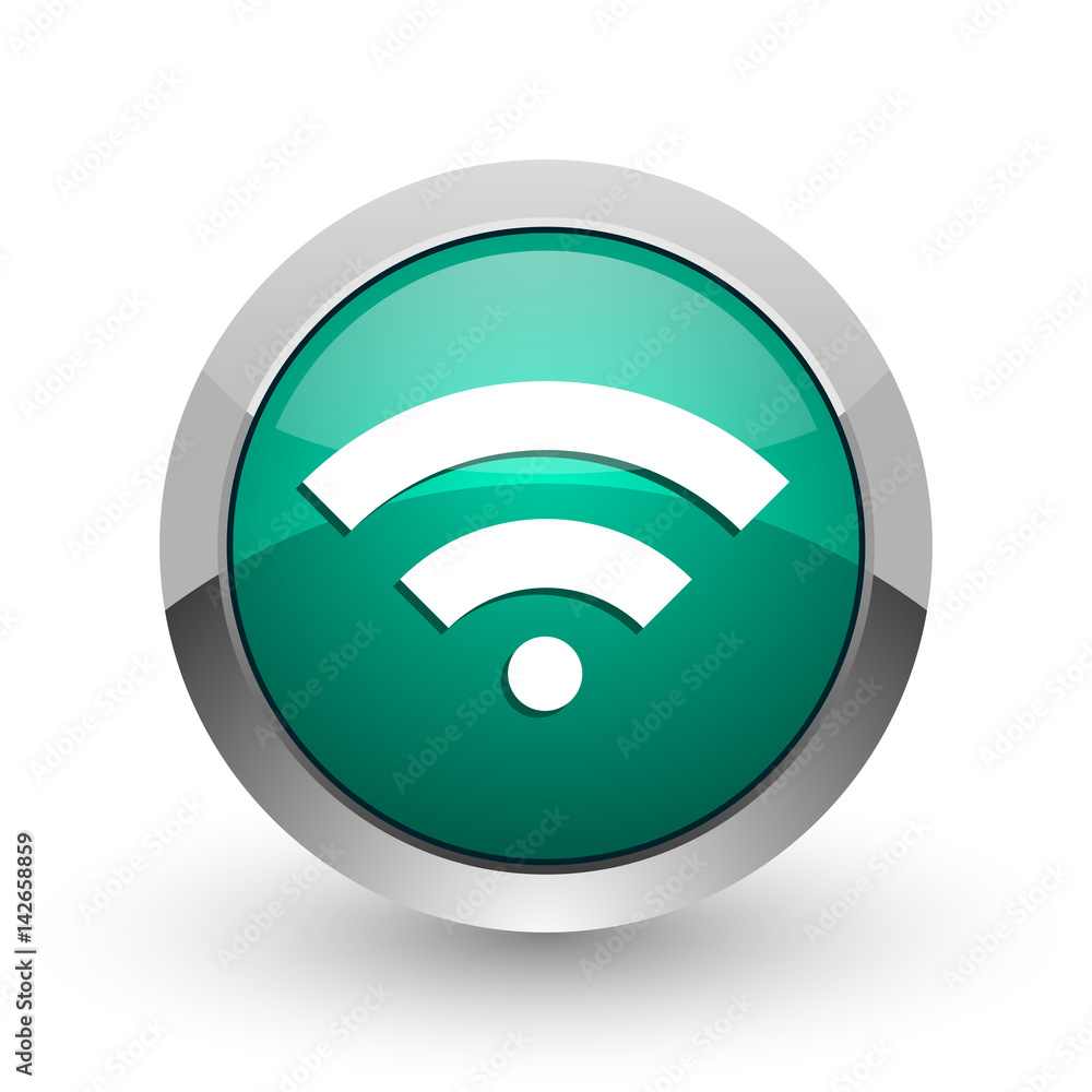 Poster Wireless silver metallic chrome web design green round internet icon with shadow on white background.