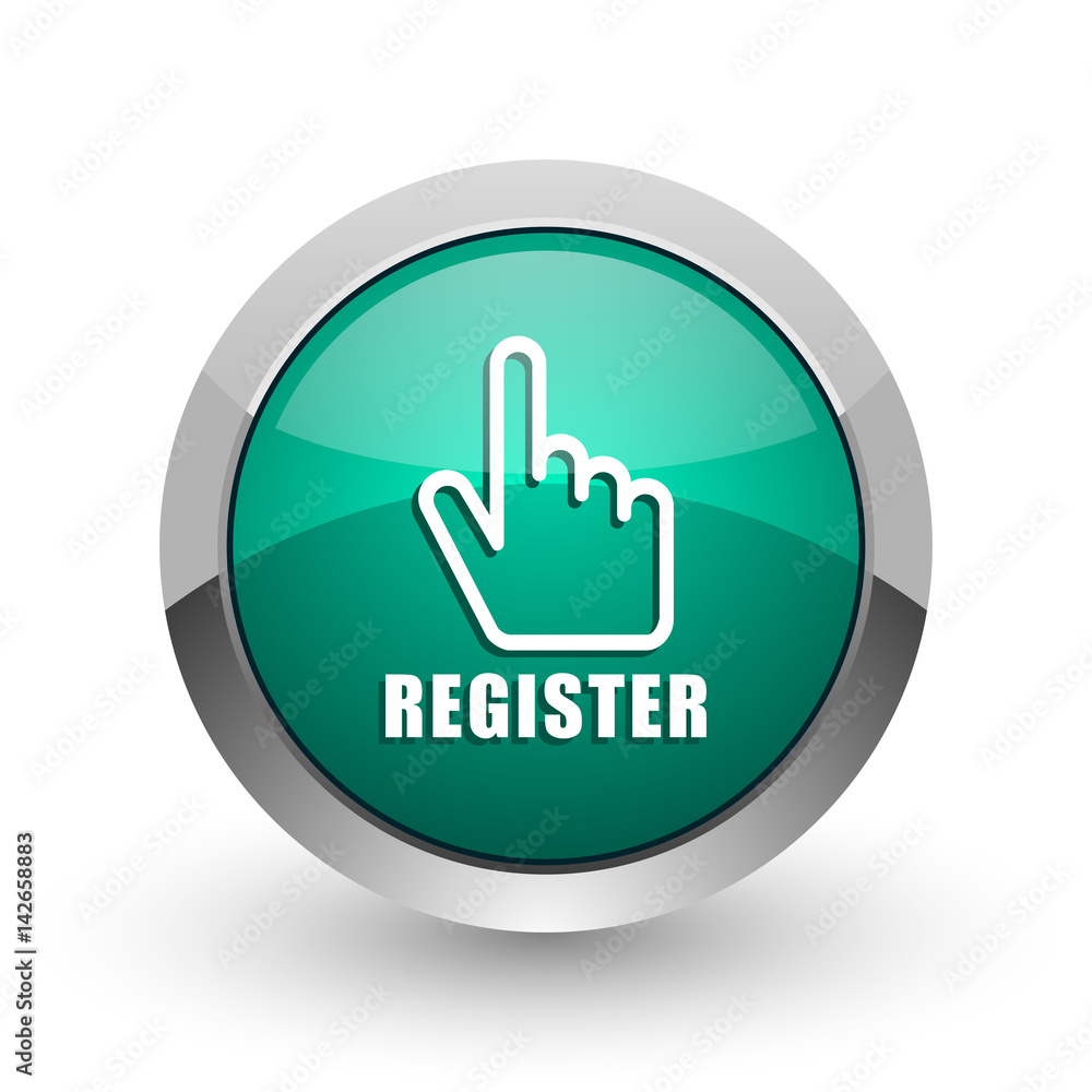 Aufkleber register silver metallic chrome web design green round internet icon with shadow on white background
