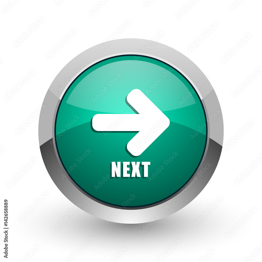 Aufkleber next silver metallic chrome web design green round internet icon with shadow on white background.