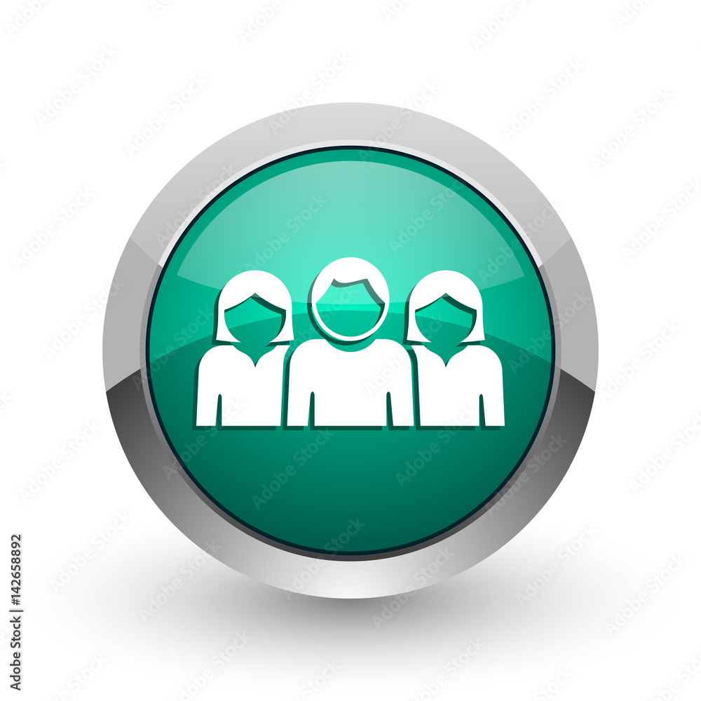 Poster people silver metallic chrome web design green round internet icon with shadow on white background.