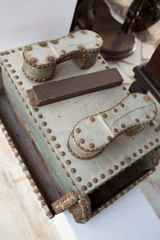 dubai, united arab emirates, 05/05/2014, Retro wooden foot polish box at dubai polo and equestrian centre.