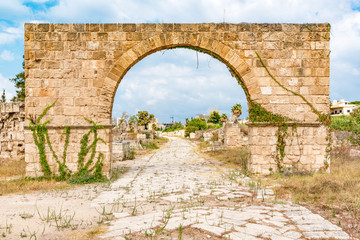 Church with garden at Al Bass archaeological site in Tyre, Lebanon. It is located about 80 km south of Beirut. Tyre has led to its designation as a UNESCO World Heritage Site in 1984.