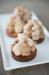 Beautifully shot chocolate cream swirls on a biscuit base, shot with a shallow depth of field. baking and cooking chocolate and sweet deserts