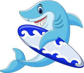 Cartoon shark holding surfboard