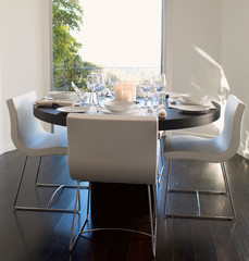 Kitchen in comtemporary home with large eating area. Kitchen, dining and living room of apartment 
