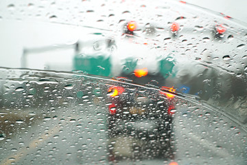 blurred street scene through car windows with rain drop