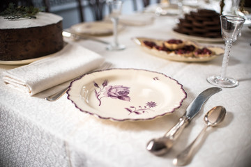 Table Set with Dishes, Food, Fruit 