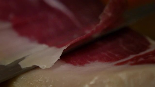 Slow motion Spanish People Cutting Iberian Ham Dish in House, Traditional Span Food-Dan