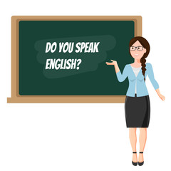 English teacher at blackboard on white background