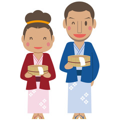 かわいいアフリカ系アメリカ人　男女　浴衣で温泉