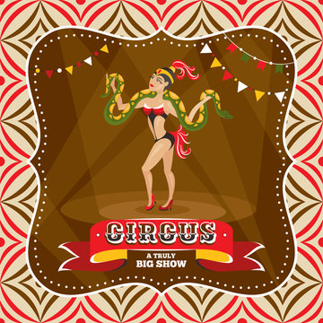 Circus card with snake charmer