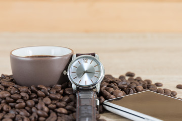 Coffee time concept ,Coffee beans and coffee cup
