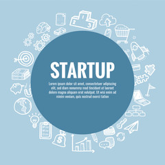 Vector template for startup theme with hand drawn doodles business icon in background.