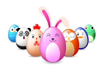 Animal oval characters design. Rabbit, hen, owl, penguin, panda, frog, Illustration isolated on white background.