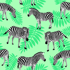 Zebra on nature green background. Seamless pattern. Wild animal texture. design trendy fabric texture,  illustration.