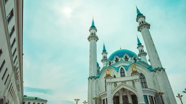 Timelapse Motion Around Kul Sharif Mosque against Blue Sky
