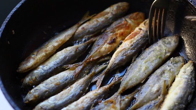 Fried fish. Jack Mackerels Frying In Hot Oil Pan