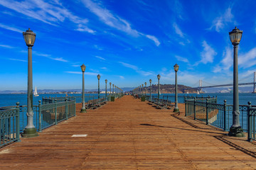 San Francisco wooden Pier 7 on a sunny day