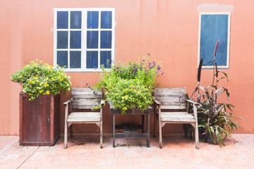 Fototapeta na wymiar Wooden chair with flower against orange concrete background.