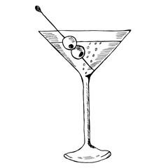 Martini with olive in glass hand drawn ink sketch, isolated. Alcoholic cocktails sketch elements illustration.