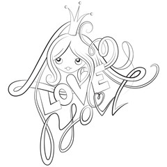 Я тебя люблю. Чувства. Контурный рисунок. Для раскраски. Девушка и буквы.  Эмблема. 