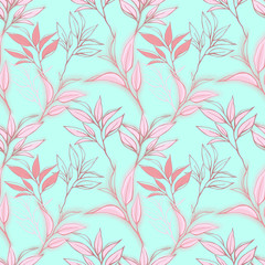 Fototapeta na wymiar pink tea branch seamless pattern. Hand drawn tea leaves background on blue. For textile, paper, decoration and wrapping