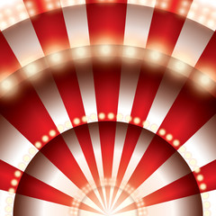 Theater stage with red and white lines and spotlights. Paper cut circus panel. Moulin rouge. Vector illustration. © amatmaximus