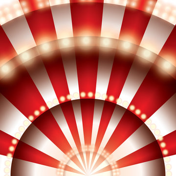 Theater stage with red and white lines and spotlights. Paper cut circus panel. Moulin rouge. Vector illustration.