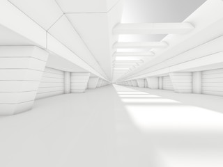Abstract illuminated empty corridor interior. 3D rendering