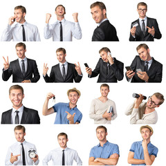 Collage of handsome young man isolated on white