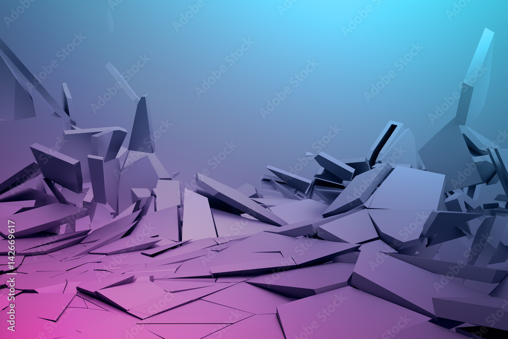 Poster abstract 3d rendering of cracked surface. background with broken shape. wall destruction. bursting w