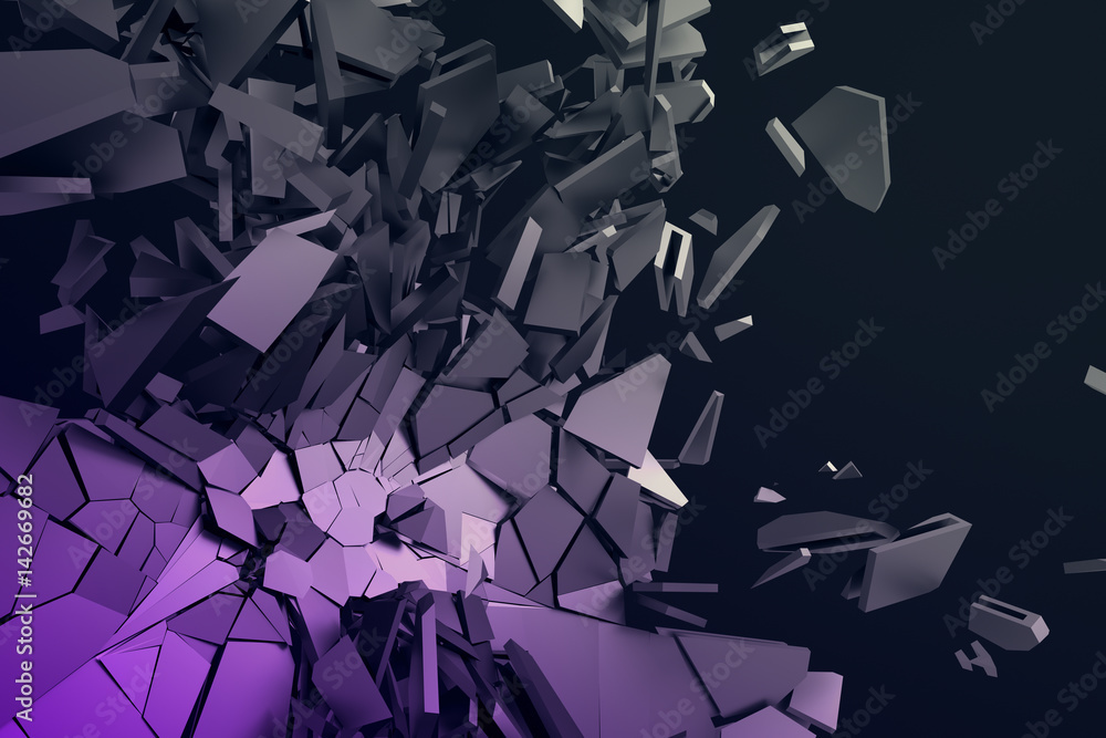 Poster abstract 3d rendering of cracked surface. background with broken shape. wall destruction. bursting w