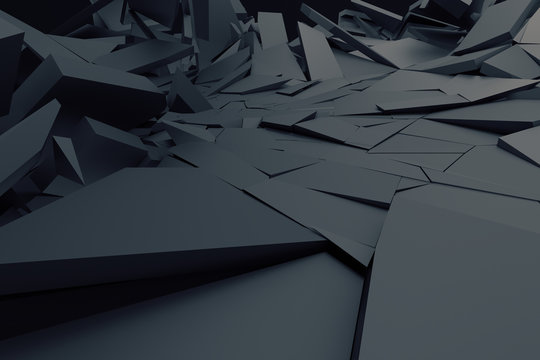 Abstract 3d rendering of cracked surface. Background with broken shape. Wall destruction. Bursting with debris. Modern cgi illustration. Design for poster, banner, placard, cover, print.